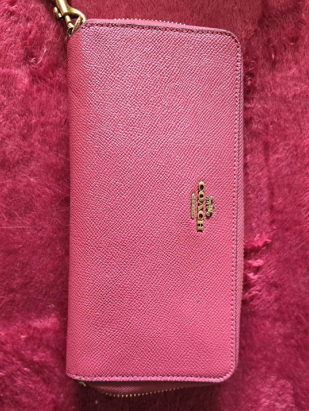 Coach Pink Saffiano Zip Wallet with Gold Hardware
